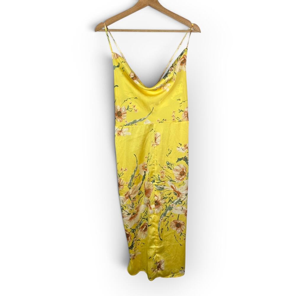 Boohoo NWT Womens 12 Yellow Satin Floral Cowl Neck Slip Maxi Dress Flute Hem